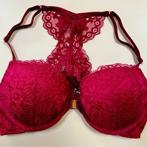 Racer Back push up lace bra- front gold hook -Burgundy - 34B - never worn EUC